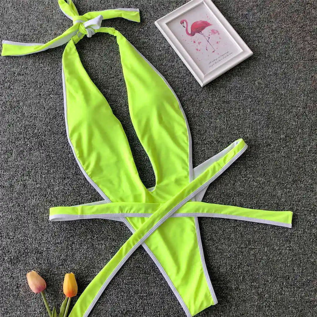 Bikini intero geometrico con scollo profondo a V da donna