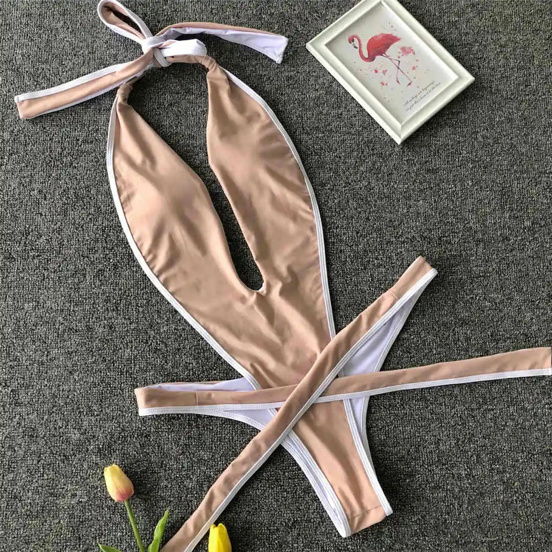 Bikini intero geometrico con scollo profondo a V da donna