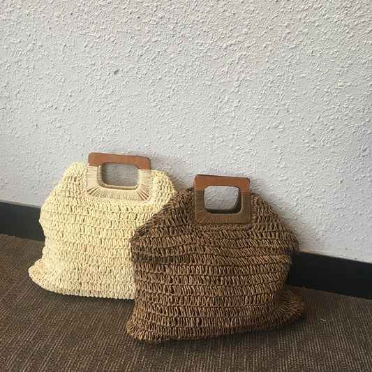 Borsa a mano casual in cotone con maniglia in legno da donna - Borsa a mano ATREND