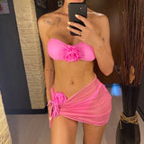 Bikini 3 pezzi reggiseno a fascia mutande e pareo con fiore da donna - Costume donna ATREND