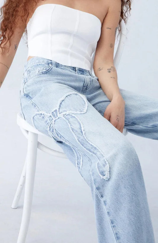 New Fashion Streetwear Bow Embroidered Baggy Jeans Women Y2K Harajuku Gothic High Waist Loose Pants Casual Popular Vintage