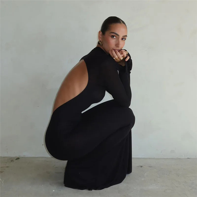 Abito lungo elegante scavato a maniche lunghe da donna - Abbigliamento Abiti ATREND