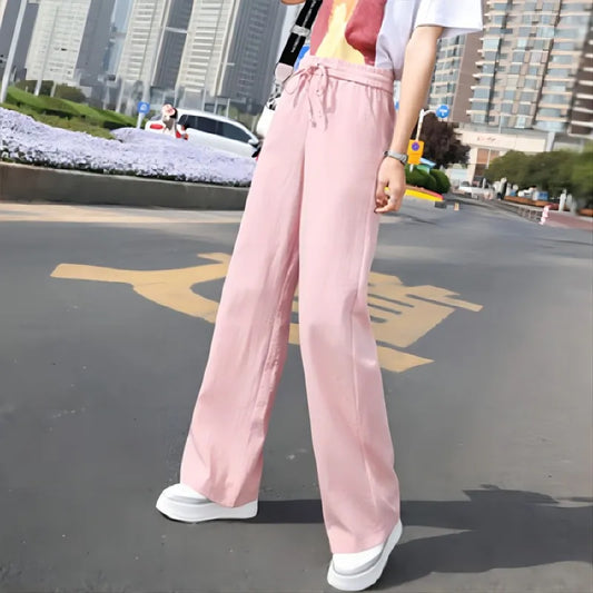 Pantaloni casual a gamba larga con fascia elastica in seta da donna - Pantaloni donna ATREND