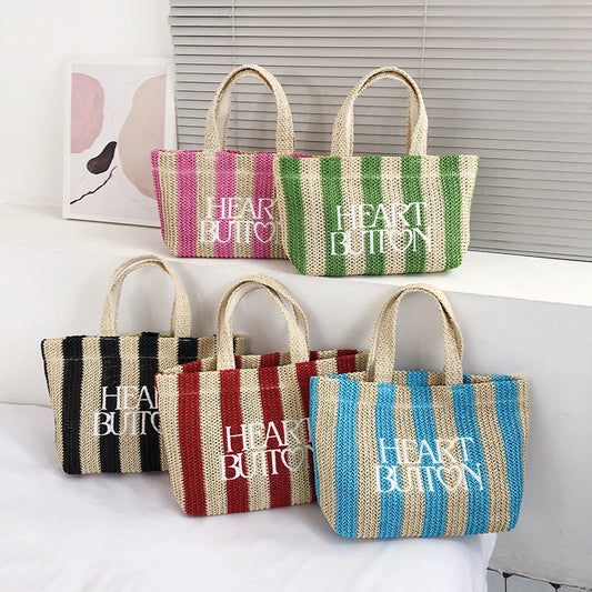 Borsa a mano casual in cotone a righe con stampa a lettere da donna - Borsa a mano ATREND