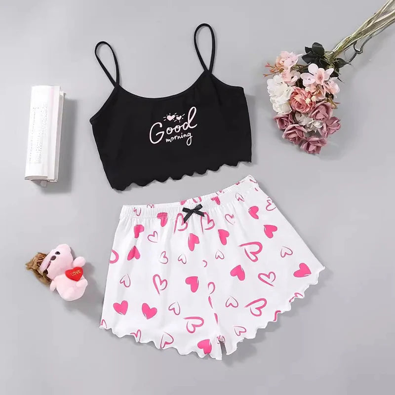 Pigiama casual top corto e pantaloncini con stampa grafica da donna - Pigiama donna ATREND