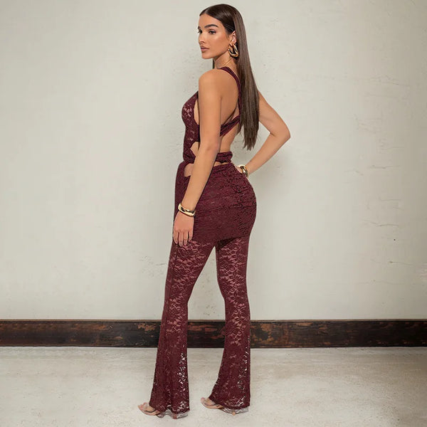Set coordinato canottiera intrecciata scavata e pantaloni a gamba larga in pizzo da donna