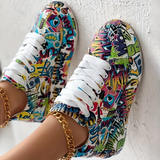 Zapatillas deportivas informales con cordones y estampado gráfico para mujer