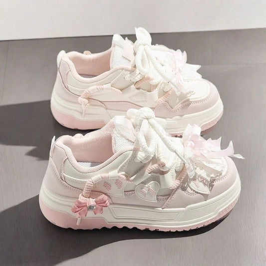 Women's Cotton Lace-Up Outdoor Sneakers with Bow