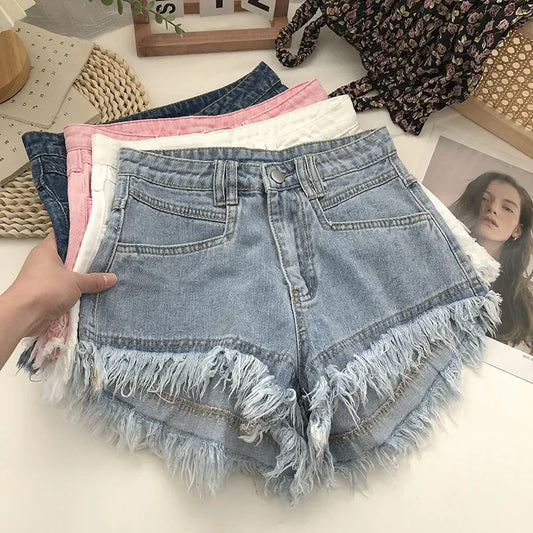 Pantaloncini di jeans a vita alta con frange da donna - Pantaloncini di jeans donna ATREND