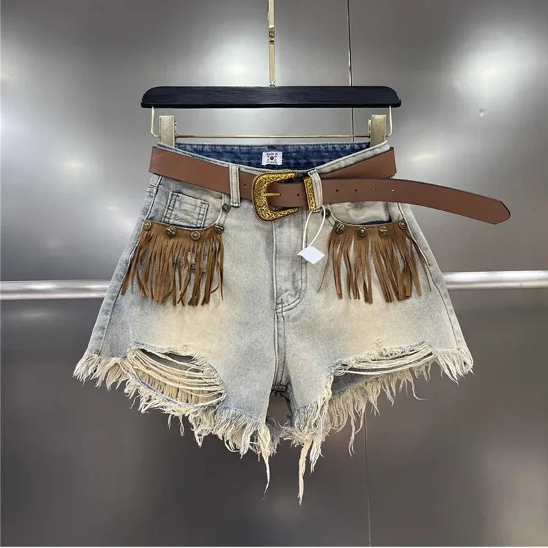 Pantaloncini di jeans strappati con frange da donna - Pantaloncini di jeans donna ATREND