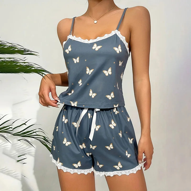 Pigiama casual canottiera e pantaloncini con farfalle e bordo a contrasto da donna - Pigiama donna ATREND