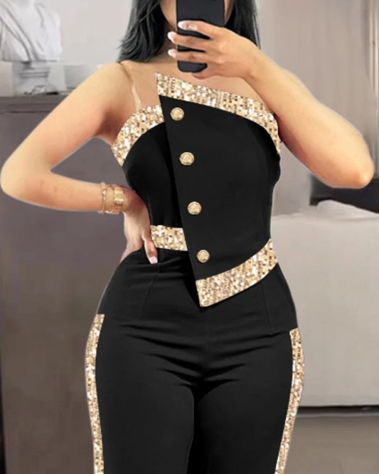 Jumpsuit casual senza spalline a fascia con paillettes a contrasto da donna