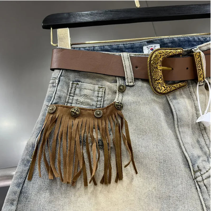Pantaloncini di jeans strappati con frange da donna - Pantaloncini di jeans donna ATREND