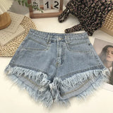 Pantaloncini di jeans a vita alta con frange da donna - Pantaloncini di jeans donna ATREND