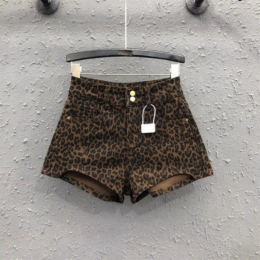 Pantaloncini di jeans a vita alta con stampa leopardata a gamba larga da donna - Pantaloncini di jeans donna ATREND