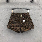 Pantaloncini di jeans a vita alta con stampa leopardata a gamba larga da donna - Pantaloncini di jeans donna ATREND