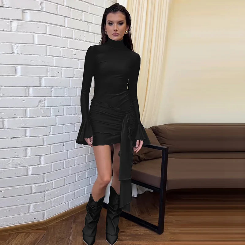 Mini abito casual con maniche a sbuffo e coda laterale con spacco da donna - Abbigliamento Abiti ATREND