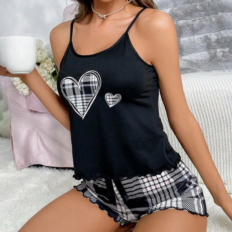 Pijama de mujer con camiseta sin mangas y pantalones cortos con estampado gráfico
