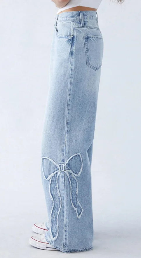 New Fashion Streetwear Bow Embroidered Baggy Jeans Women Y2K Harajuku Gothic High Waist Loose Pants Casual Popular Vintage