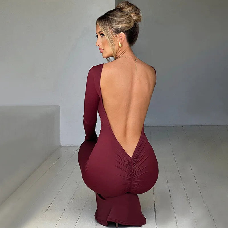 Abito lungo elegante scavato a maniche lunghe da donna - Abbigliamento Abiti ATREND