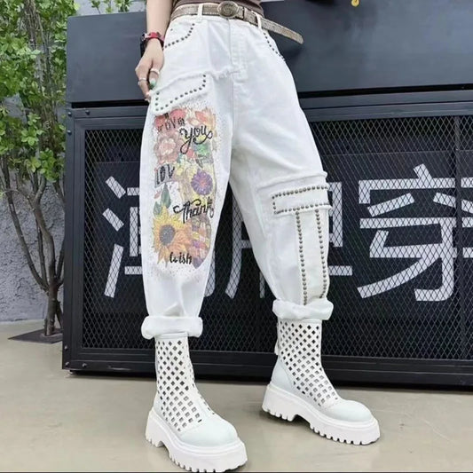White Baggy Jeans Women Rhinestone Print Jeans Mujer 2025 Spring New Loose Casual Short Pants Ankle-Length Harem Pants Women