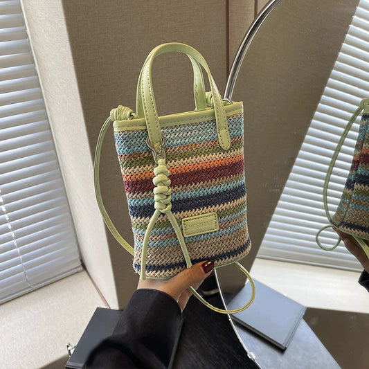 Mini borsa a mano con tracolla in paglia a righe da donna