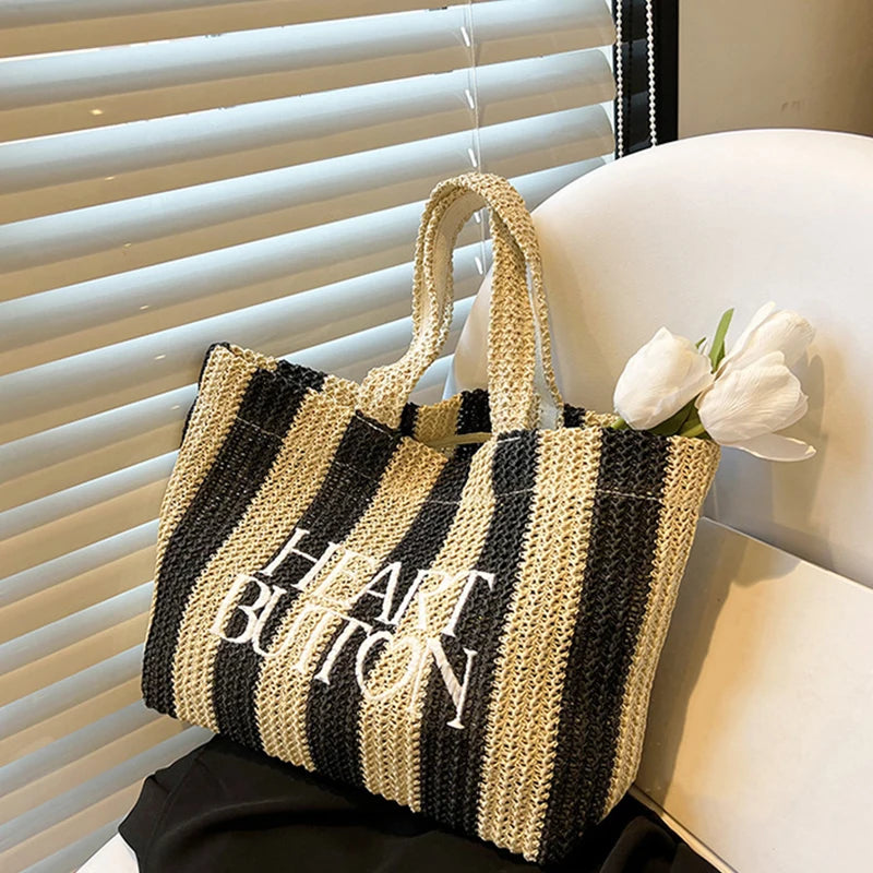 Borsa a mano casual in cotone a righe con stampa a lettere da donna - Borsa a mano ATREND