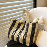 Borsa a mano casual in cotone a righe con stampa a lettere da donna - Borsa a mano ATREND