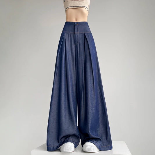 Women's Summer Soft Loose Jeans Slim High Waist Korean Style Fall Silk Wide Leg Pants Fashion Oversized Female Ladies Clothes