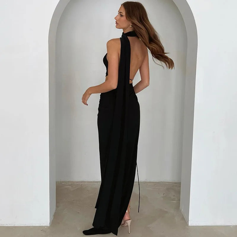 Abito lungo elegante asimmetrico con spacco laterale da donna - Abbigliamento Abiti ATREND