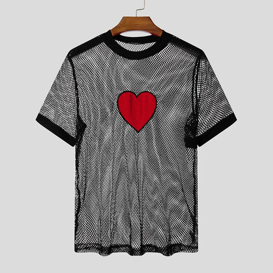 T-shirt casual a rete trasparente con cuore da uomo - Pantaloni uomo ATREND