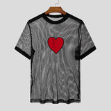 T-shirt casual a rete trasparente con cuore da uomo - Pantaloni uomo ATREND