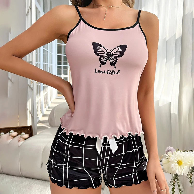 Pijama de mujer con camiseta sin mangas y pantalones cortos con estampado gráfico