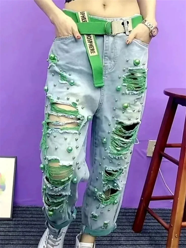 Summer New Women Fashion Embossed Holes Loose Jeans Women High Waist Personality Harem Pants Slim Denim Green Ripped Jeans Female