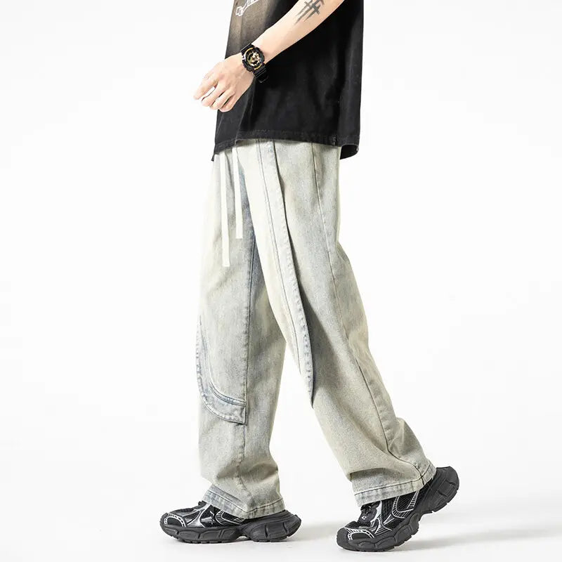 Jeans casual streetwears con gamba larga e chiusura a lacci da uomo - Jeans uomo ATREND