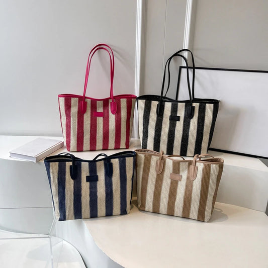 Borsa a spalla a righe in cotone da donna - Borsa a spalla ATREND