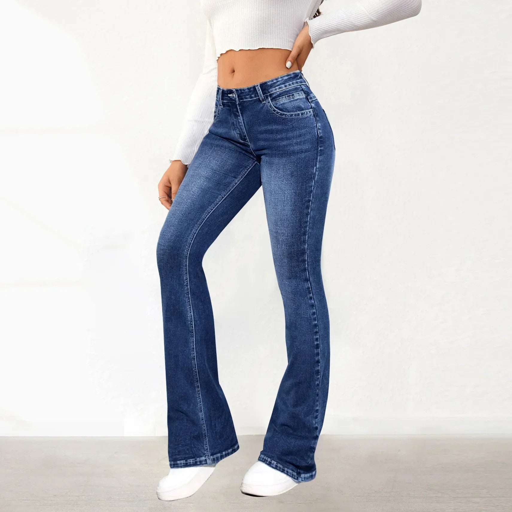 Women's Jeans Slim Fit Flared Pants Washable Denim Pockets High Waist Solid Ankle Length Boot Cut Streetwear Casual Zipper Fly