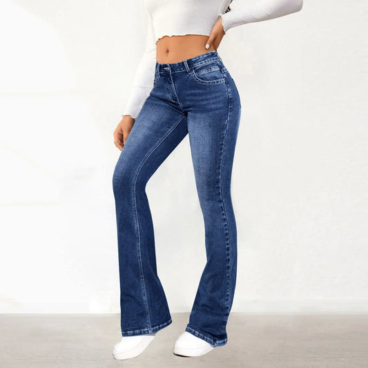 Women's Jeans Slim Fit Flared Pants Washable Denim Pockets High Waist Solid Ankle Length Boot Cut Streetwear Casual Zipper Fly