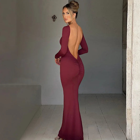 Abito lungo elegante scavato a maniche lunghe da donna - Abbigliamento Abiti ATREND