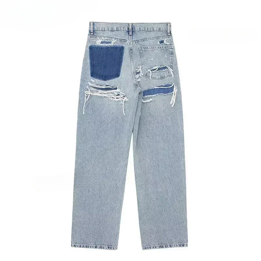 Women's Fashion Jeans Solid Color Loose Pants Gradient Color Casual Streetwear Broken Holes Trousers Decorated Jeans