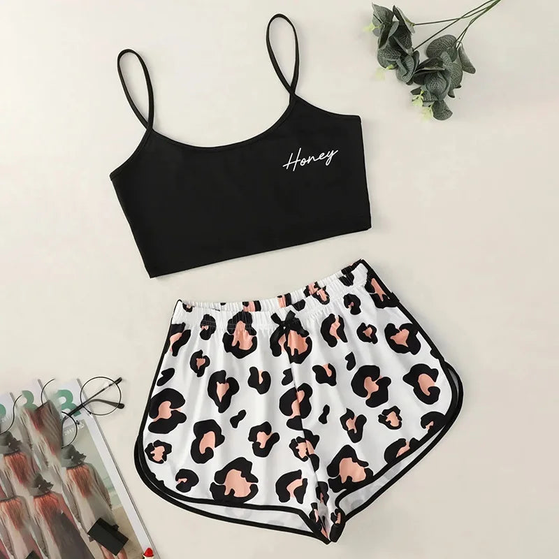 Pigiama casual top corto e pantaloncini con stampa grafica da donna - Pigiama donna ATREND