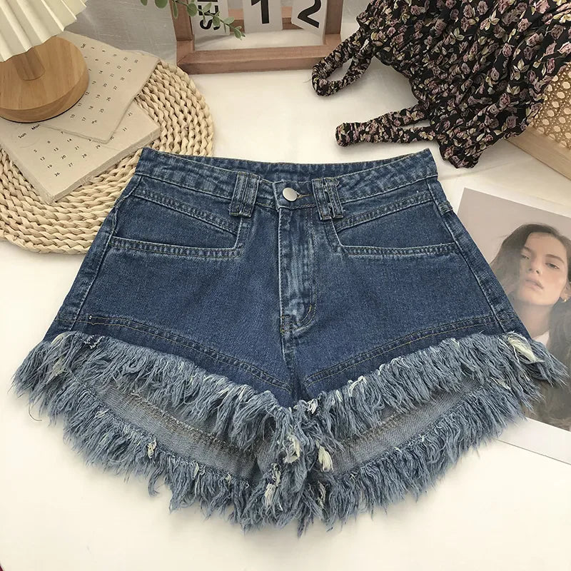 Pantaloncini di jeans a vita alta con frange da donna - Pantaloncini di jeans donna ATREND