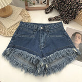 Pantaloncini di jeans a vita alta con frange da donna - Pantaloncini di jeans donna ATREND