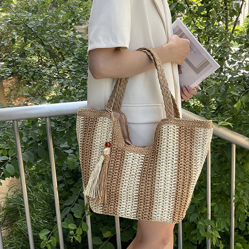 Borsa a mano a righe in cotone da donna - Borse a mano ATREND