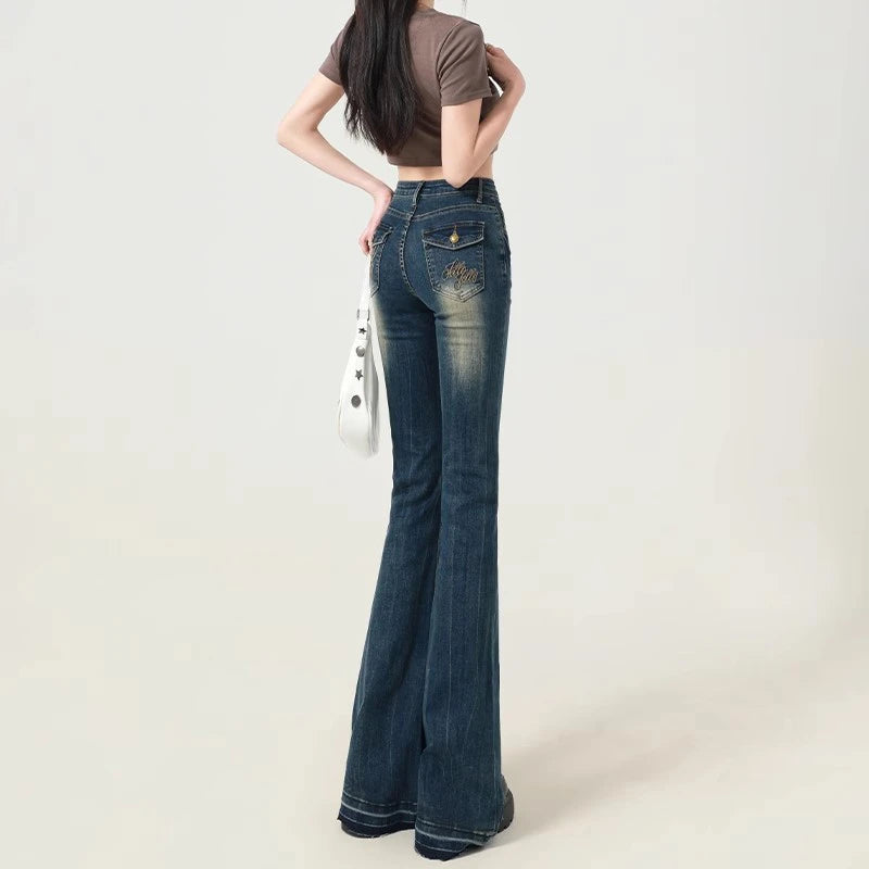 Jeans casual a vita alta con gamba larga da donna