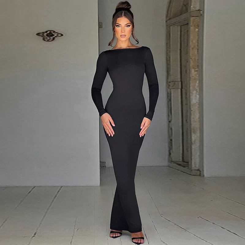 Abito lungo elegante scavato a maniche lunghe da donna - Abbigliamento Abiti ATREND