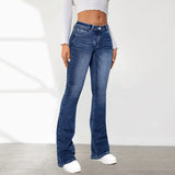 Women's Jeans Slim Fit Flared Pants Washable Denim Pockets High Waist Solid Ankle Length Boot Cut Streetwear Casual Zipper Fly