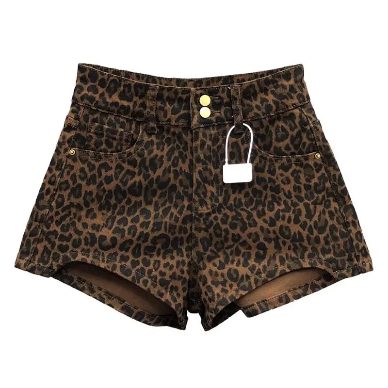 Pantaloncini di jeans a vita alta con stampa leopardata a gamba larga da donna - Pantaloncini di jeans donna ATREND