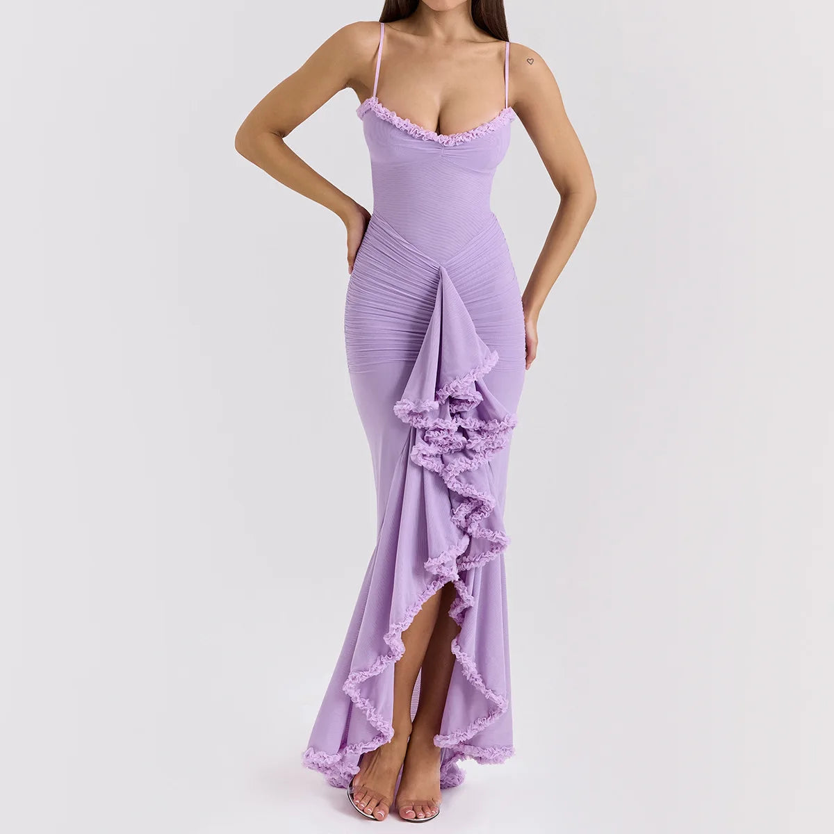Abito lungo a fascia drappeggiato con bordo a contrasto in pizzo da donna - Abbigliamento Abiti ATREND