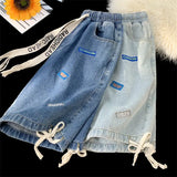 Pantaloncini di jeans con fascia elastica e stampa a lettere da uomo - Pantaloncini in jeans uomo ATREND